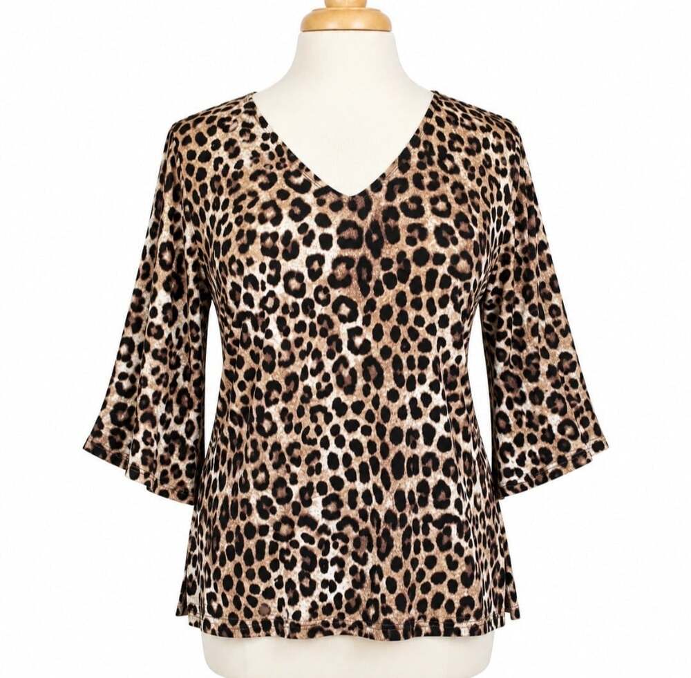 Michael Kors Leopard Print Blouse Women's L V Neck Cutout Sleeve Gold Bar Top